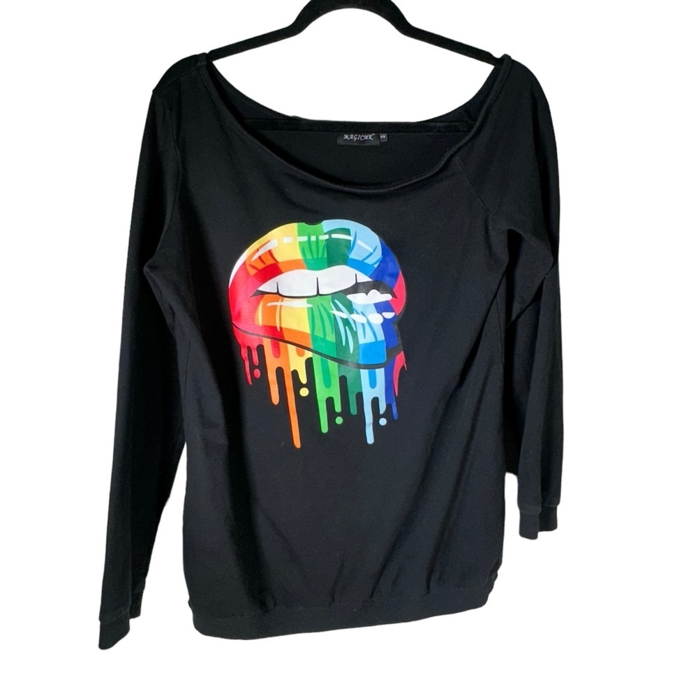 MagicMK Women's Shirts Rainbow Mouth Lips Off the Shoulder Small Black Pride